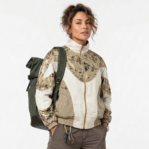 Vintage Active Frontier Bomber Jacket Y2K Athleisure Gold Cream Floral Zip MP